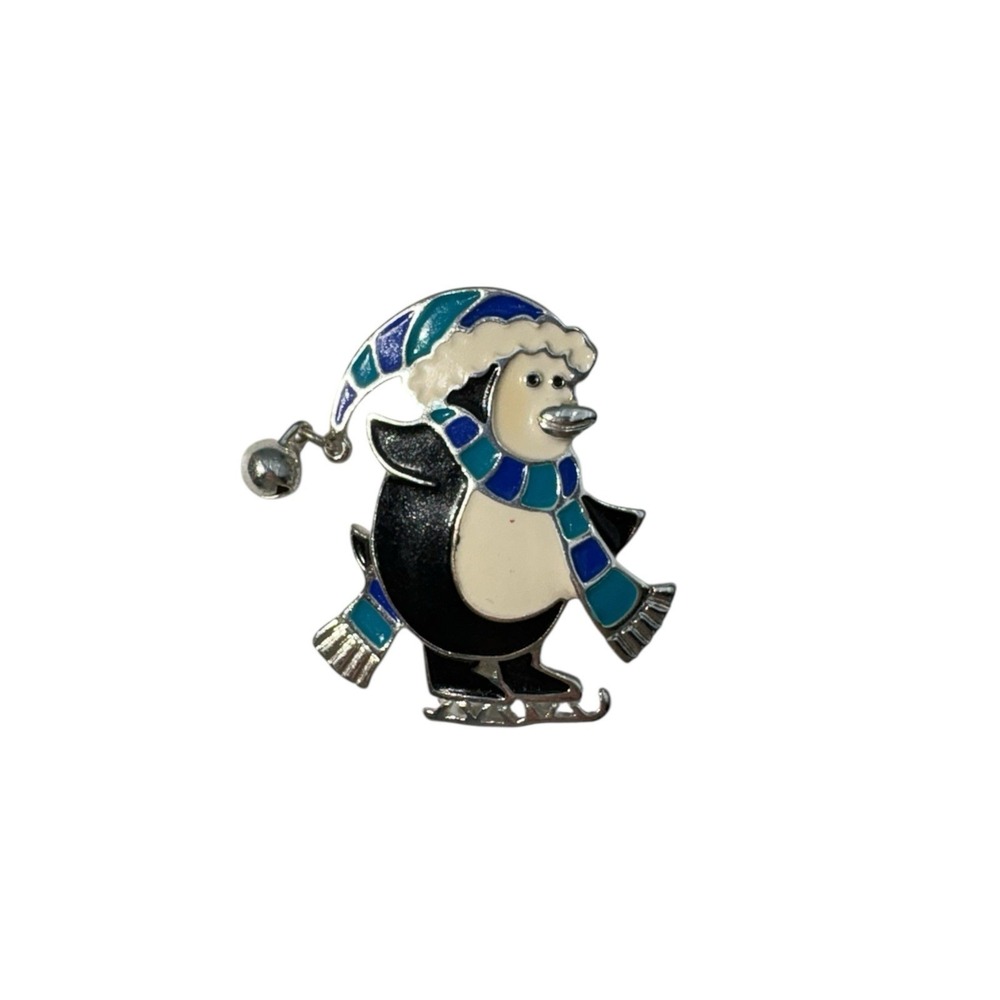 Vintage Silver Tone Enamel Ice Skating Winter Penguin Jingle Bell Brooch Pin